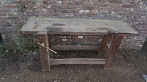 oude beukenhouten werkbank sitetabel met bankschroef nr 207 - Afbeelding 3