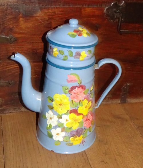 emaillen koffiekan koffiepot gedecoreerd met bloemen - Afbeelding 2